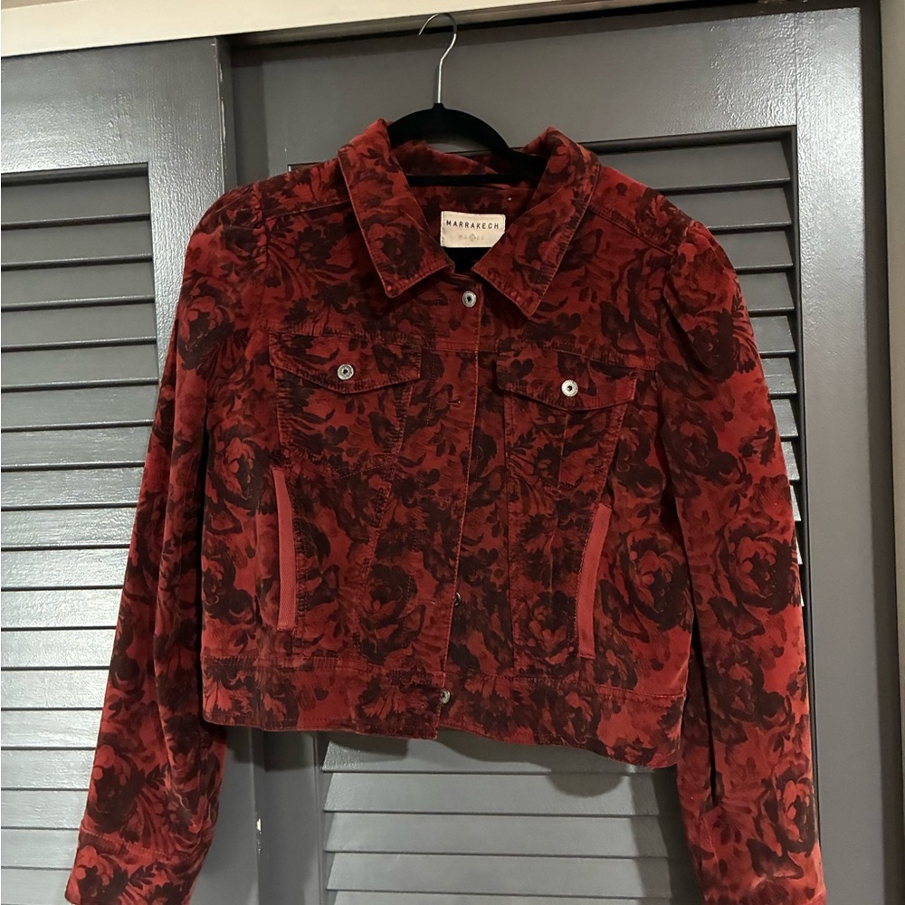 Marrakech Red Floral Velvet Jean Jacket